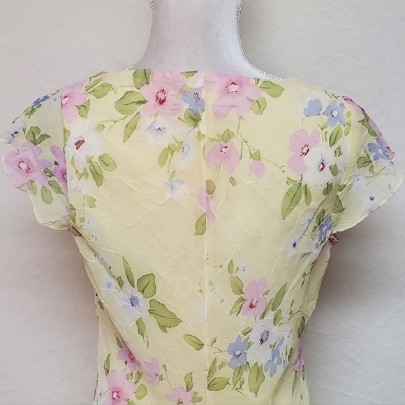 Vintage City Triangles Yellow Pink Floral Ruffle Flutter Sleeve Chiffon Dress M - Picture 11 of 14